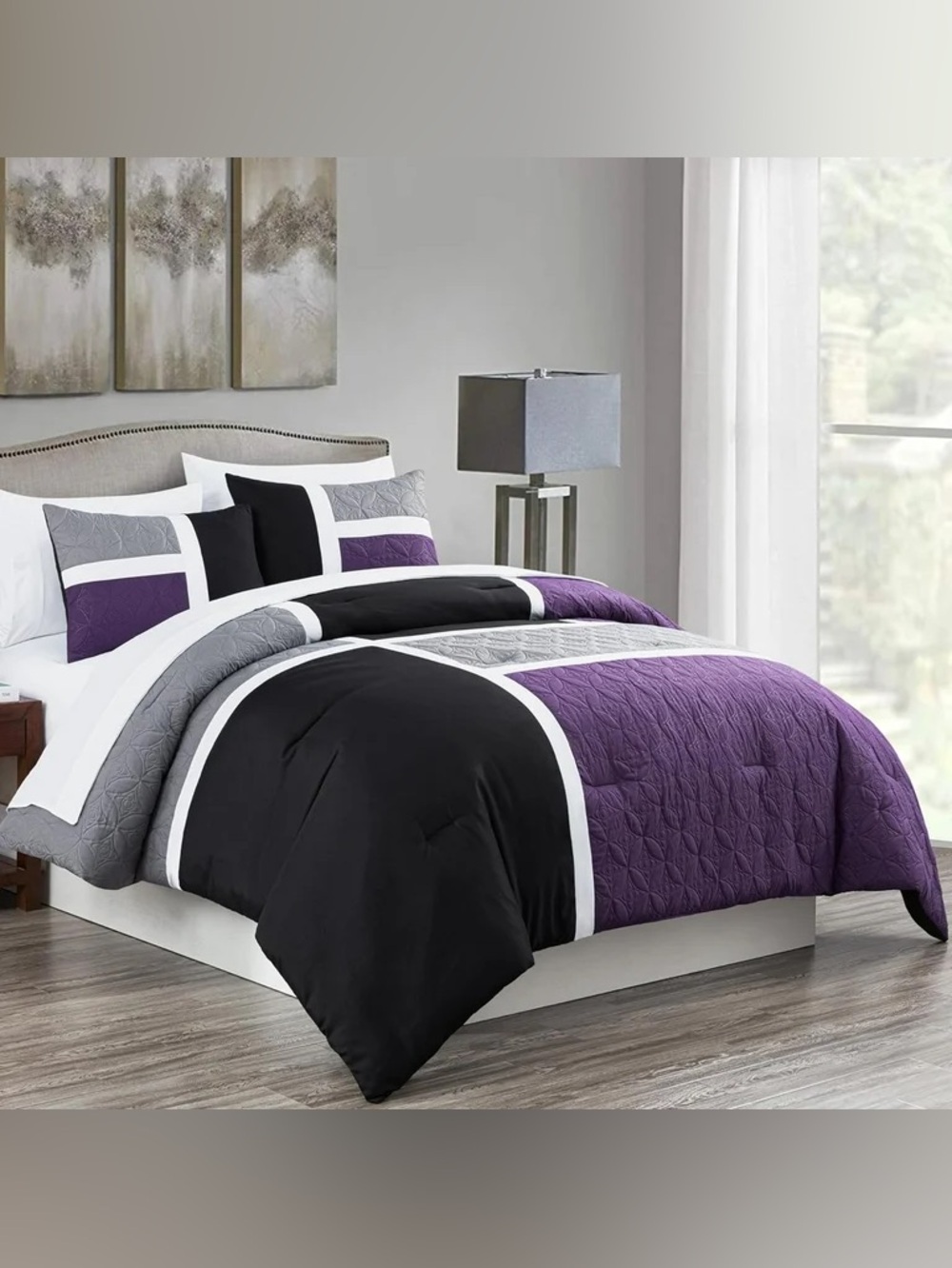 Modern Geometric Black, Purple & Gray Queen 3 piece Comforter Set